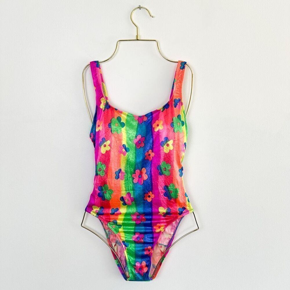 Xhilaration Vintage Y2K Retro Floral Rainbow HI-CUT Scoop Low Back One Piece Swi